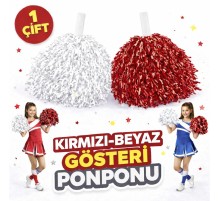 1 Çift ( 2 Adet ) Kırmızı-Beyaz Renk 23 Nisan 19 Mayıs 29 Ekim Okul Gösteri Ponponları Ekstra Dolgun