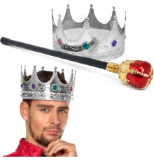 Gümüş Kral Tacı Kraliyet Tacı 60 cm ve Kırmızı Topuzlu Kral Asası Seti