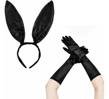 Siyah Parlak Tavşan Kulak ve 40 cm Parlak Siyah Eldiven Kostüm Seti