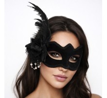 Beyaz İnci Detaylı Siyah Süet Venedik Kadın Maskesi Tüylü Güllü