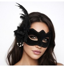Beyaz İnci Detaylı Siyah Süet Venedik Kadın Maskesi Tüylü Güllü