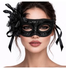 Siyah Venedik Parti Maskesi – Çiçekli Tüylü Payetli