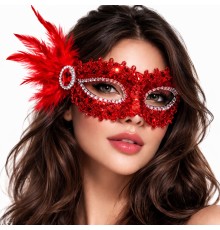 Kırmızı Taşlı Venedik Parti Maskesi – Tüylü Payetli