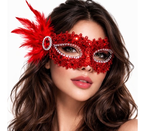 Kırmızı Taşlı Venedik Parti Maskesi – Tüylü Payetli