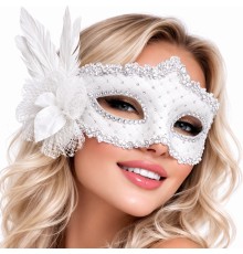Beyaz Tüylü Venedik Lüks Balo Maskesi
