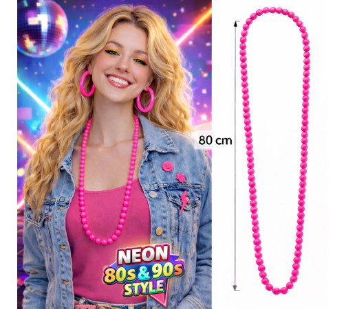 Neon Pembe Boncuk Kolye 80 cm – Retro 80’ler 90’lar Parti Aksesuarı