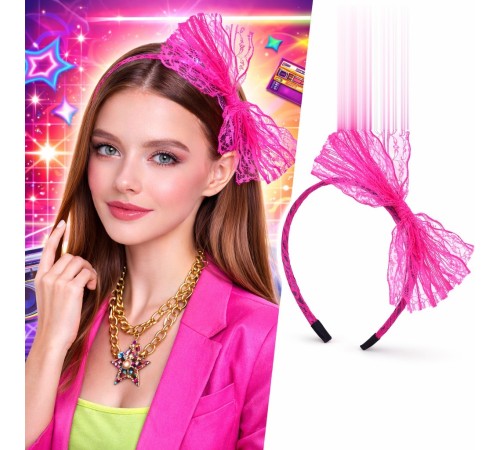 80’ler 90’lar Neon Pembe Dantel Taç Fiyonklu