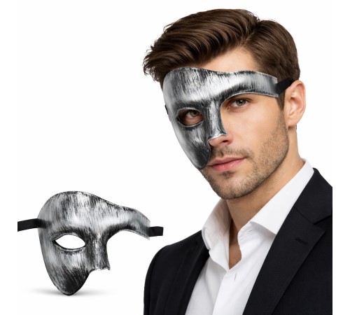 Antik Eskitme Gümüş Erkek Yarım Maske - Phantom Parti & Balo Maskesi