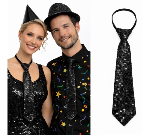 Siyah Renk Pul Payetli Işıltılı Parti Kravatı 33 cm