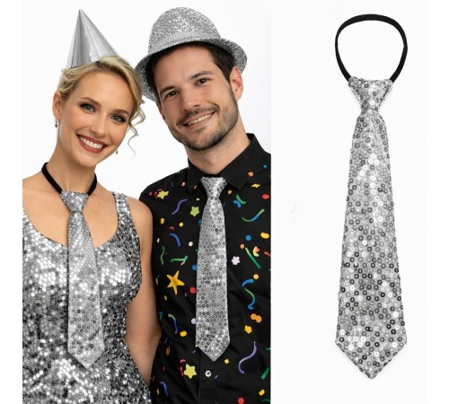 Gümüş Renk Pul Payetli Işıltılı Parti Kravatı 33 cm