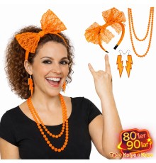 80’ler 90’lar Neon Turuncu Parti Seti – Kolye Küpe Taç
