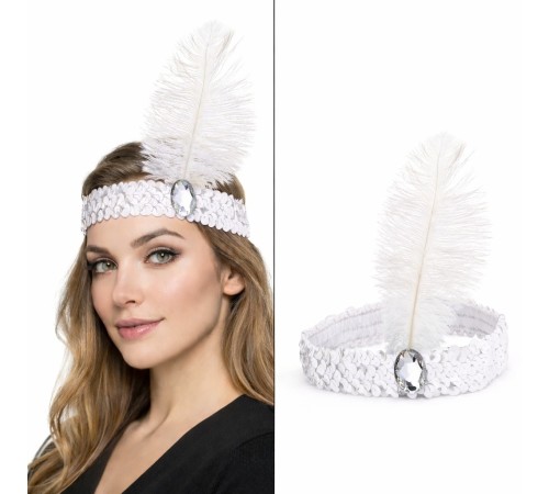 Beyaz Tüylü Retro Çarliston Saç Bandı - 70-80-90’lar Parti Tacı