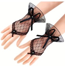 Siyah Dantel Fiyonklu Parmak Halkalı Kadın Eldiveni