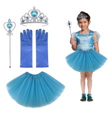 çocuk Elsa Kostümü Elsa Eteği Eldiveni Tacı Ve Asası 4 Lü Set