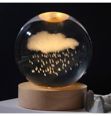 Dekoratif Bulut ve Yağmur Tasarımlı Ahşap Altlıklı Işıklı Cam Küre Cam 6 Cm Ahşap 2 Cm