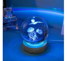 Dekoratif Deniz Anası Tasarımlı Ahşap altlıklı Işıklı Cam Küre Cam 6 Cm Ahşap 2 Cm