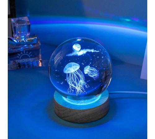 Dekoratif Deniz Anası Tasarımlı Ahşap altlıklı Işıklı Cam Küre Cam 6 Cm Ahşap 2 Cm