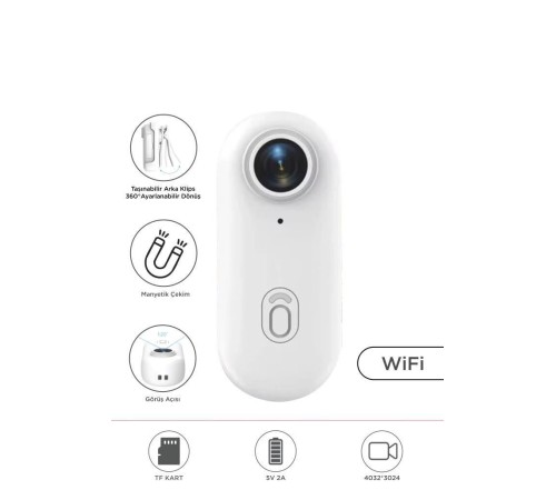 Aksiyon Kamerası 1080 P Manyetik Giyilebilir Geniş Açılı Klips Tasarımlı Kamera CMR34 Beyaz