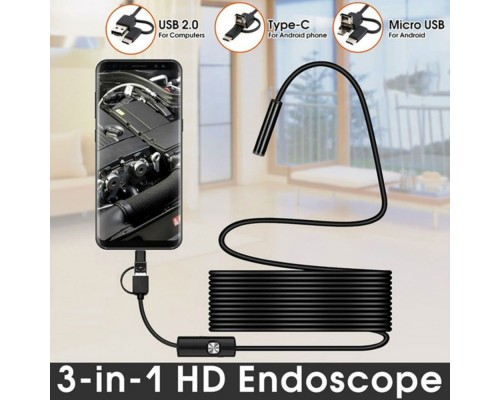 Endoskop 3 In 1 Yılan Kamera Usb Micro Usb Type-c 10m sert kablo