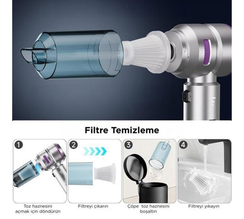 Üflemeli Şarjlı Araç Mini EL Süpürgesi 16.000PA Emiş Güçlü 4İN1 Araba Süpürgesi Mavi HL121