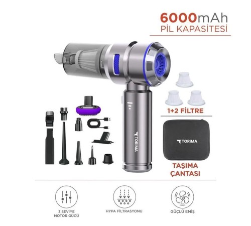 Üflemeli Şarjlı Araç Mini EL Süpürgesi 16.000PA Emiş Güçlü 4İN1 Araba Süpürgesi Mavi HL121