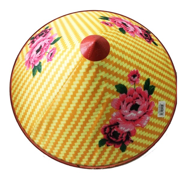 Pembe Çiçekli Saten Kaplama Sarı Vietnam Şapkası