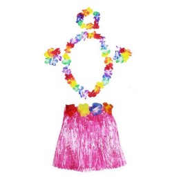 Yetişkin ve Çocuk Uyumlu Luau Aloha Hawaii Pembe Etek ve Renkli Kolye Taç 2 Adet Bileklik Seti