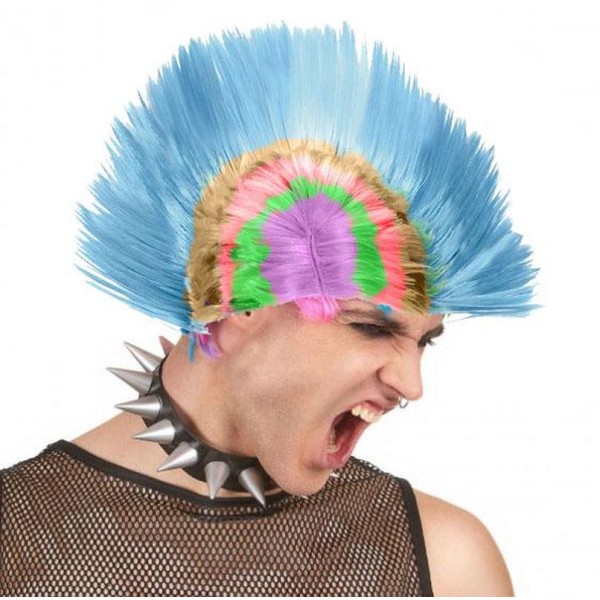 Mohican Mohawk Punk 70 li Yıllar 80 li Yıllar Peruğu Rainbow Peruk Mavi Saçaklı