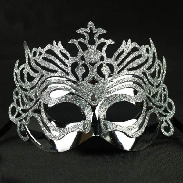 Metalik Gümüş Renk Masquerade Simli Parti Maskesi 23x14 cm