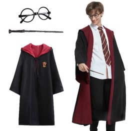 Harry Potter Gryffindor Kapişonlu Çocuk Kostüm + Asa + Gözlük 3 Parça Set