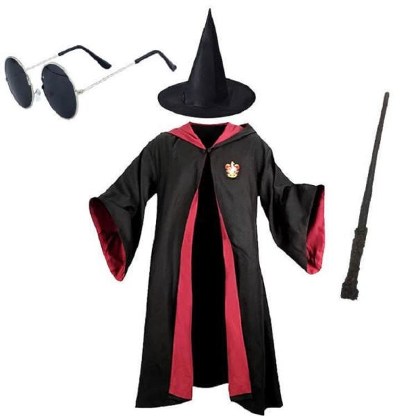 Harry Potter Gryffindor Çocuk Kostüm + Şapka + Asa + Gözlük Full Seti
