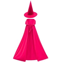 Yetişkin Boy 120 cm Fuşya Pembe Yakalı Pelerin ve Fuşya Cadı Şapkası