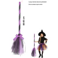 Pembe Cadı Süpürgesi - Halloween Siyah Fiyonklu Tüllü Cadı Süpürgesi 80-85 cm