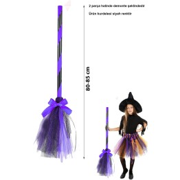 Mor Cadı Süpürgesi - Halloween Siyah Fiyonklu Tüllü Cadı Süpürgesi 80-85 cm