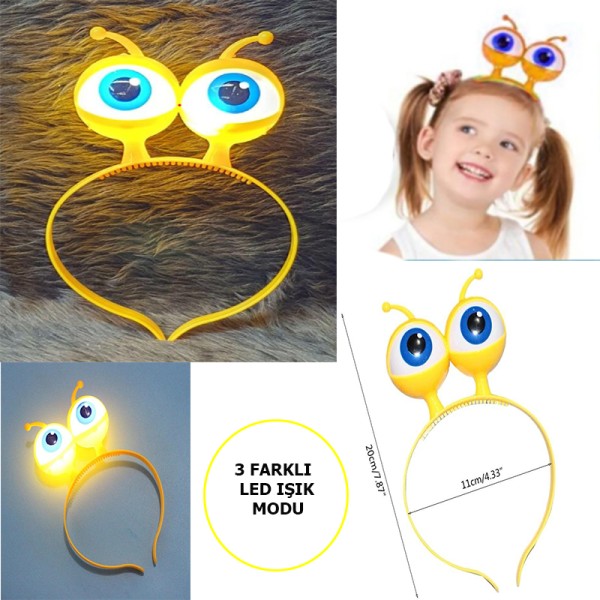 Led Işıklı & Pilli 3 Farklı Modda Yanan Uzaylı Göz Parti Tacı Sarı Renk 18x12 cm