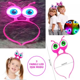 Led Işıklı & Pilli 3 Farklı Modda Yanan Uzaylı Göz Parti Tacı Pembe Renk 18x12 cm