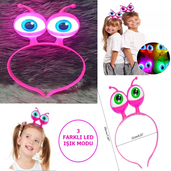 Led Işıklı & Pilli 3 Farklı Modda Yanan Uzaylı Göz Parti Tacı Pembe Renk 18x12 cm