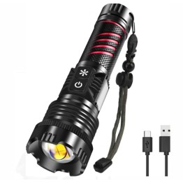 BR-6800 Zoomlu 30w El Feneri Cob Led 8 Fonksiyonlu C-Tip Şarj Edilebilir Powerbank Taktik El Feneri