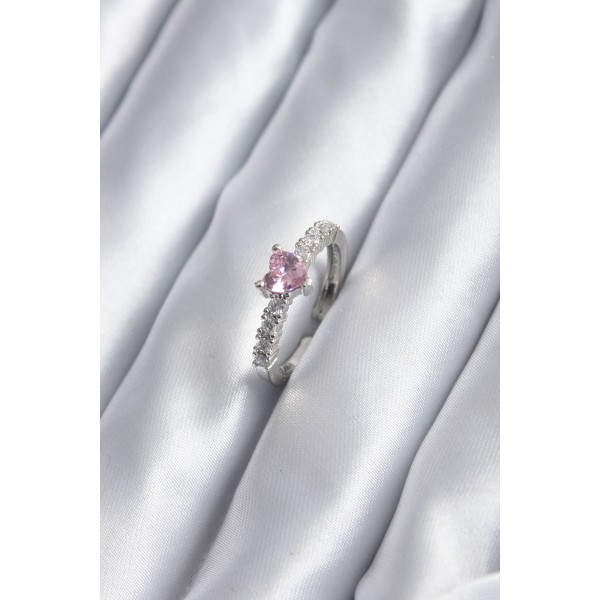 Gümüş Renk Zirkon Taşlı Pembe Kristal Kalp Model Kadın Yüzük TJ-BYK2851