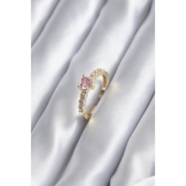 Gold Renk Zirkon Taşlı Pembe Kristal Kalp Model Kadın Yüzük TJ-BYK2852