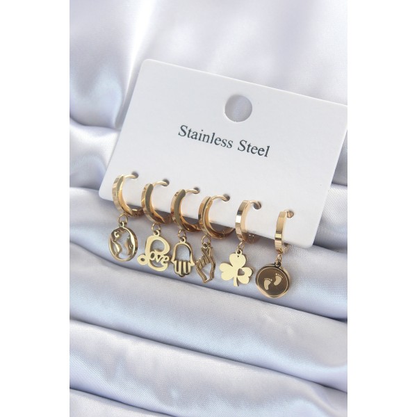 316L Çelik Gold Renk Çoklu Figür Model Kadın Küpe Seti - TJ-BKP8142