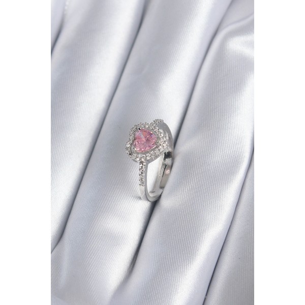 Pirinç Gümüş Renk Pembe Zirkon Taş Kalp Charm Model Kadın Yüzük TJ-BYK2859
