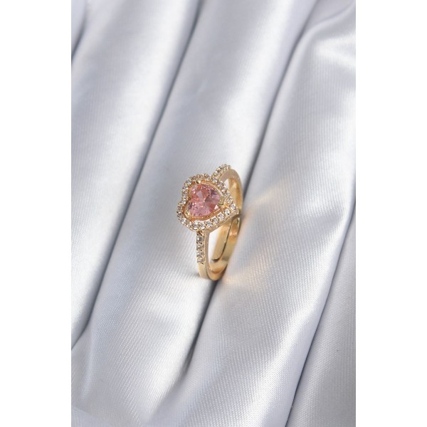 Pirinç Gold Renk Pembe Zirkon Taş Kalp Charm Model Kadın Yüzük TJ-BYK2860