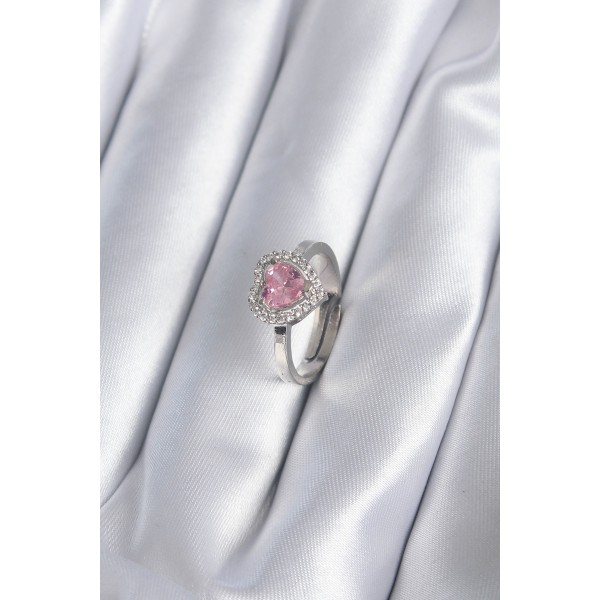 Pirinç Gümüş Renk Pembe Zirkon Taşlı Charm Model Kadın Yüzük TJ-BYK2864