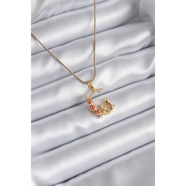 316L Çelik Gold Renk Hilal Kedi Model Zirkon Taşlı Detay Kadın Kolye TJ-BKO8140
