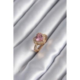 Pirinç Gold Renk Pembe Zirkon Taşlı Charm Kalp Model Kadın Yüzük TJ-BYK2951
