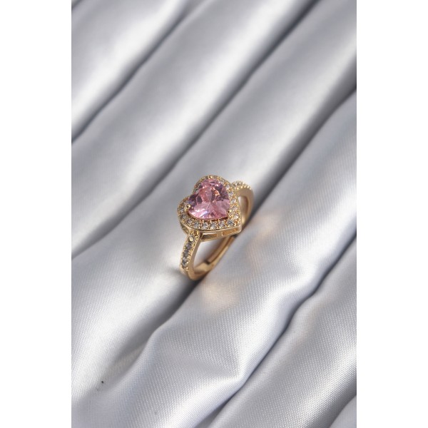 Pirinç Gold Renk Pembe Zirkon Taşlı Charm Kalp Model Kadın Yüzük TJ-BYK2951