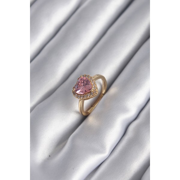 Pirinç Gold Renk Pembe Zirkon Taş Kalp Charm Model Kadın Yüzük TJ-BYK2955