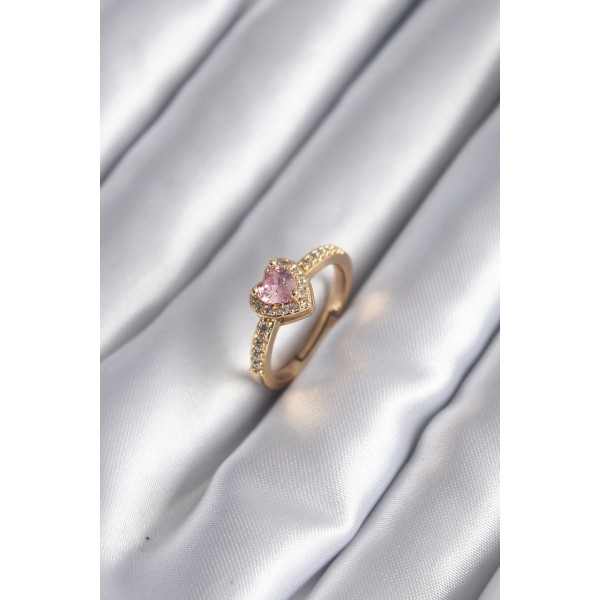 Pirinç Gold Renk Pembe Zirkon Taş Kalp Charm Model Kadın Yüzük TJ-BYK2957