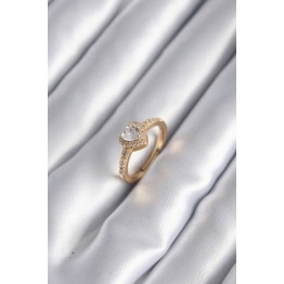 Pirinç Gold Renk Zirkon Taşlı Kalp Charm Model Kadın Yüzük TJ-BYK2959